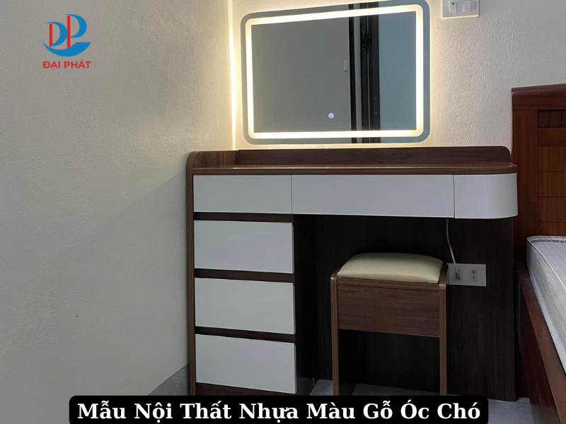 bàn trang điểm nhựa màu gỗ óc chó hiện đại