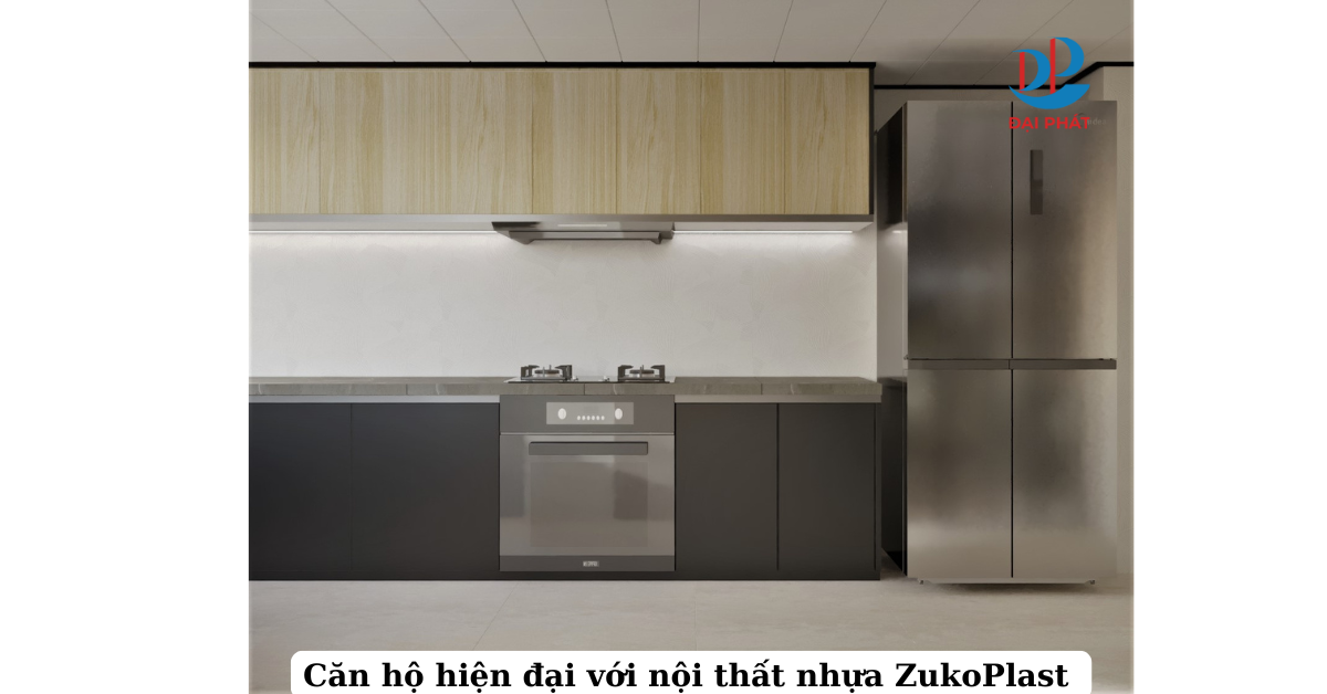 Tủ bếp hiện đại Zukoplast 05–06 kết hợp màu đen và vân gỗ sồi